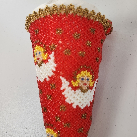 Vintage Red Gold Angels Beaded Christmas Cone Tree Ornament Handmade Stocking - Picture 6 of 10